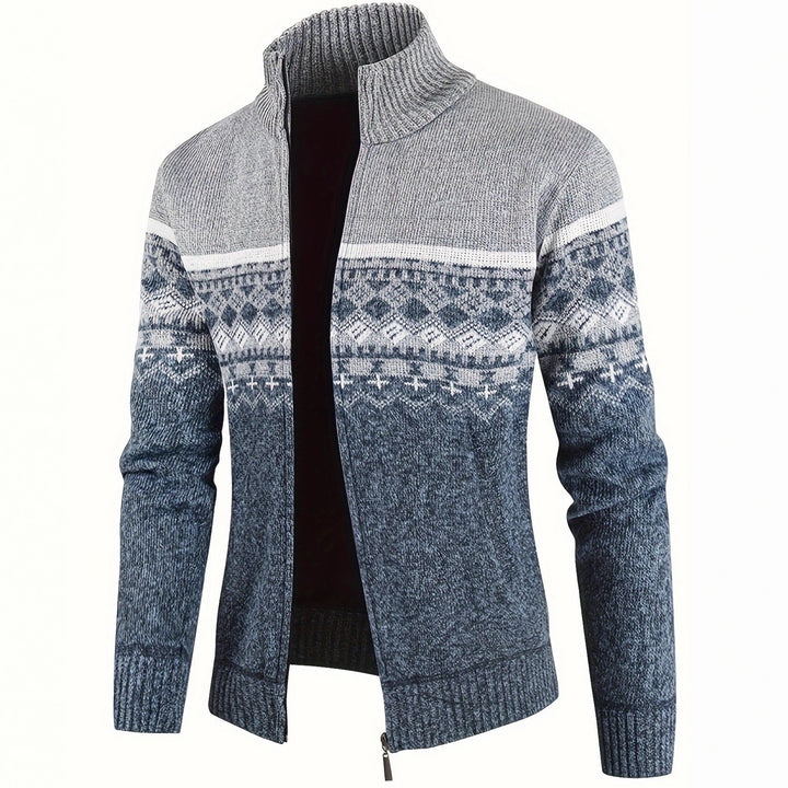 Men's Thermo Cardigan with Stand-up Collar and Zipper Norwegian Knit Fleece-lined Mune Fashion