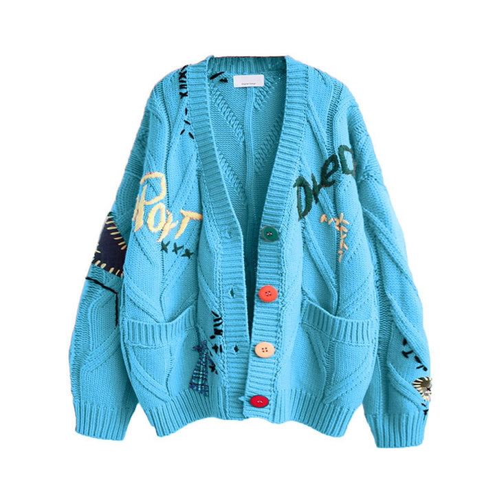 Women's Stylish Knitted Cardigan with Colorful Buttons and Elaborate Design