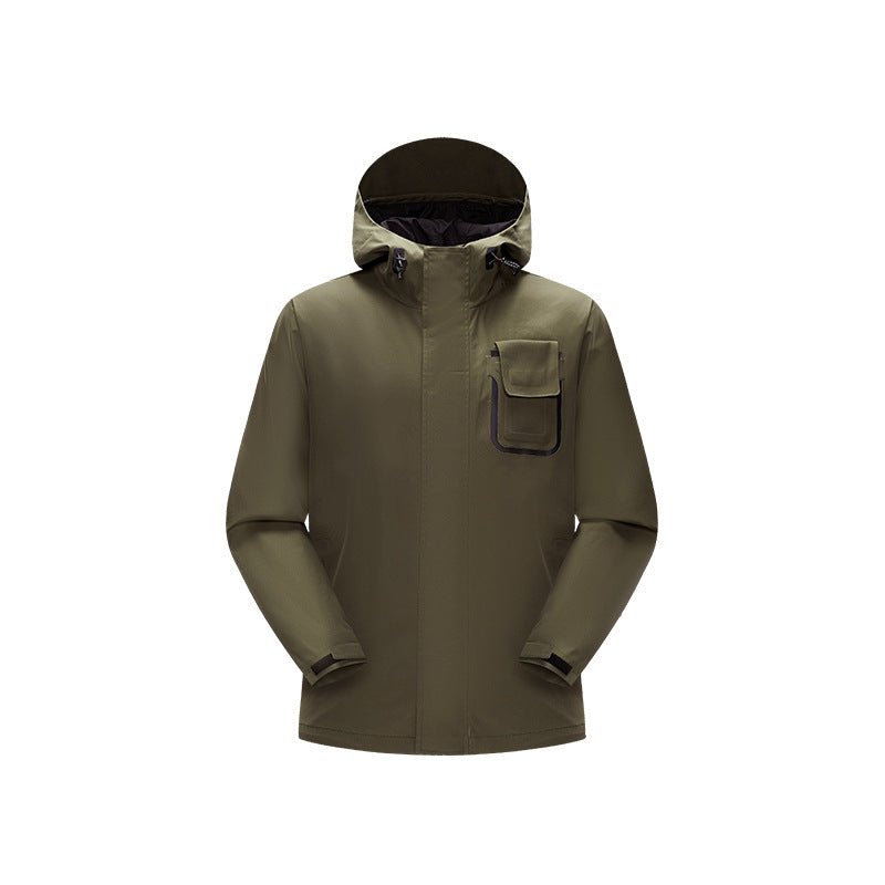 Men's waterproof utility outdoor jacket with concealed front, hood, and functional chest pocket Drune