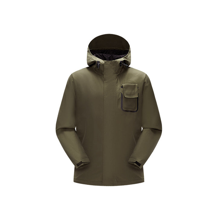 Men's waterproof utility outdoor jacket with concealed front, hood, and functional chest pocket Drune