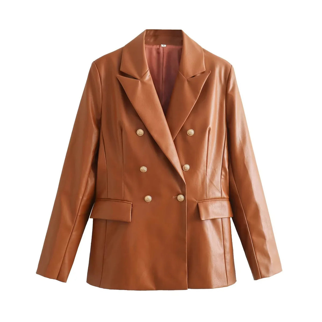 Women's tailored double-breasted blazer made of vegan leather imitation with shawl collar Mune Fashion