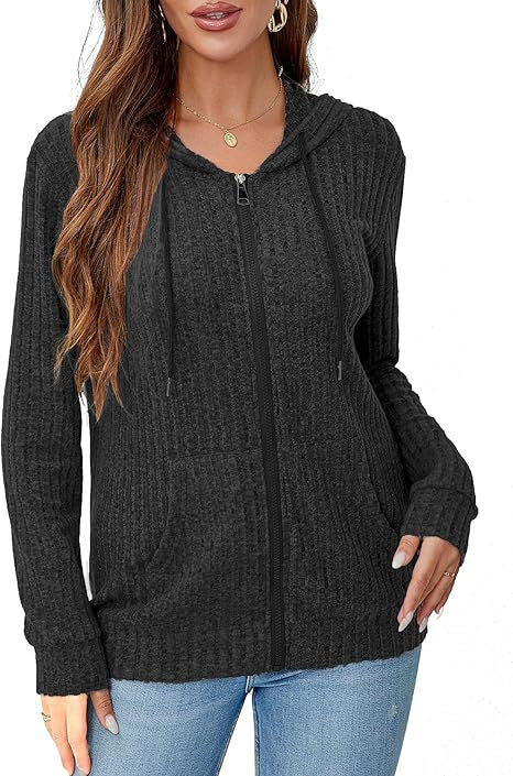 Women's knit hooded jacket with zipper, waffle texture and slip pockets Mune Fashion