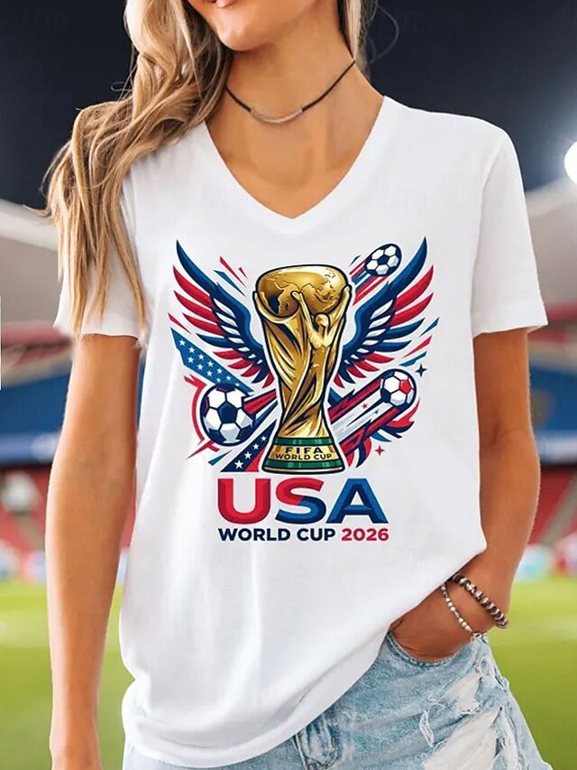 Women’s V-neck Retro Print T-shirt with Eagle Emblem and vintage-inspired Graphic Mune Fashion