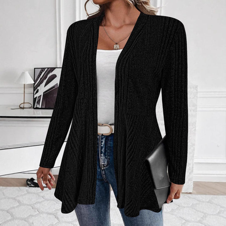 Women's Open Ribbed Long Cardigan with Flared Hem Mune Fashion