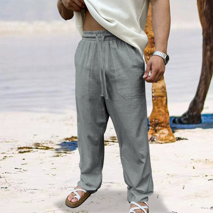 Men's airy linen relaxed pants with straight leg, patch front pockets, and elastic drawstring Mune Fashion