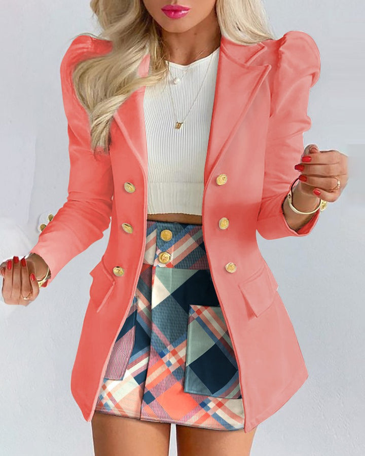 Women Two-piece checked blazer and mini skirt set with accentuated puff sleeves and gold buttons Mune Fashion