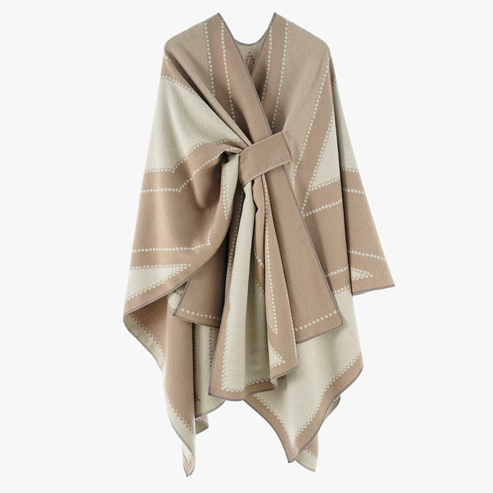 Women's Reversible Wool Blend Poncho with Graphic Jacquard Pattern and Waist Belt Mune Fashion