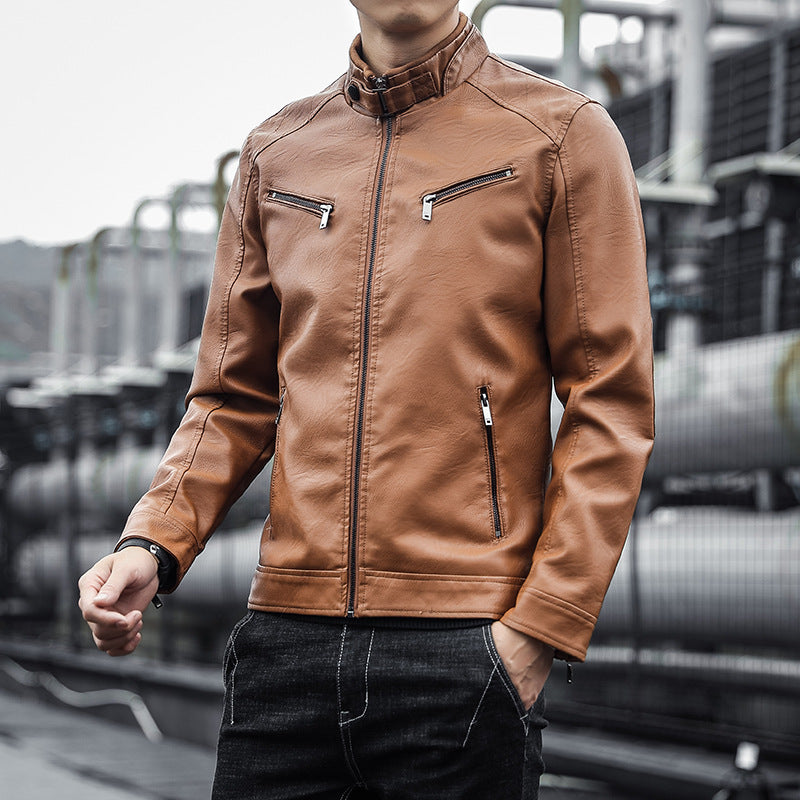 Men's faux leather moto jacket in aviator style with stand-up collar and functional zippers Mune Fashion