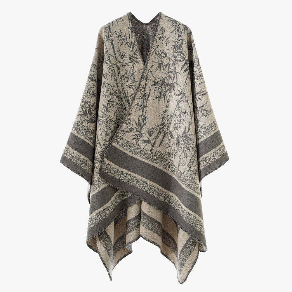 Women's Jacquard Poncho in Cape Style with Bamboo Design and Open Front Mune Fashion