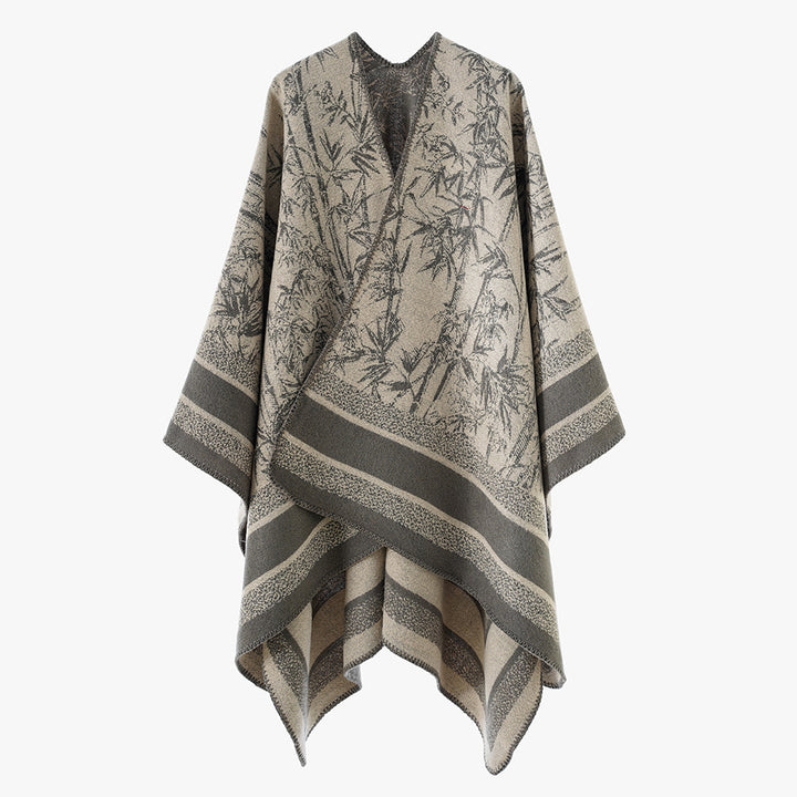 Women's Jacquard Poncho in Cape Style with Bamboo Design and Open Front Mune Fashion