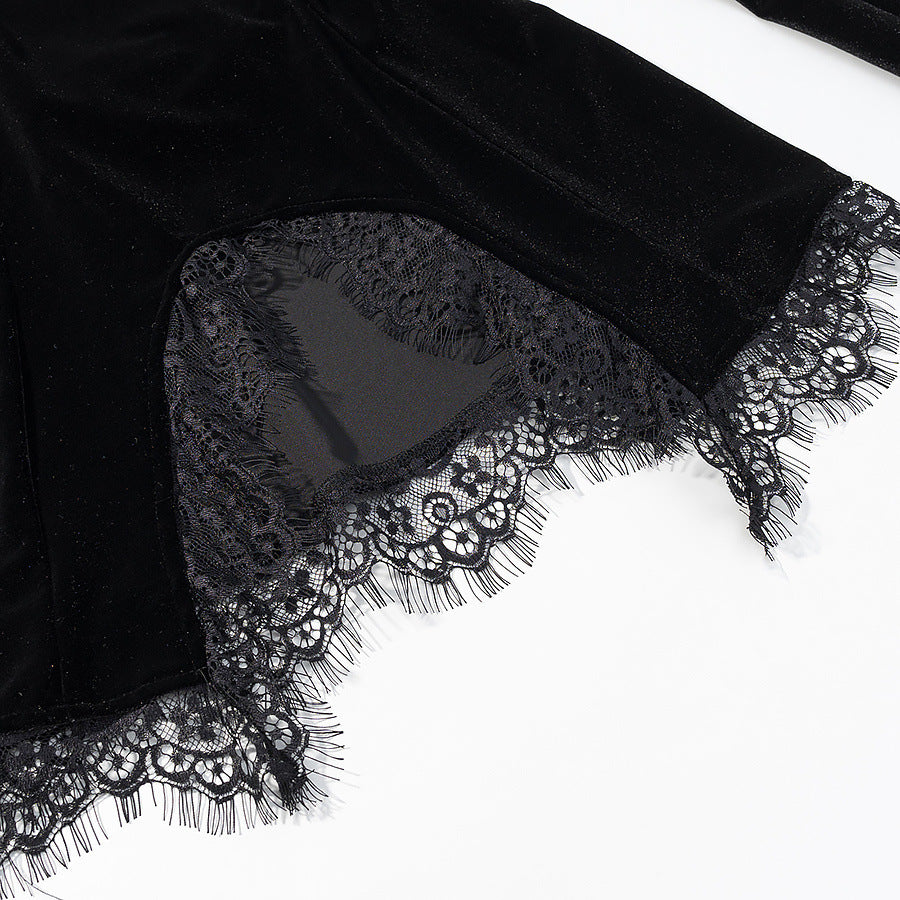 Women's velvet t-shirt with asymmetric lace hem and slit detail Mune Fashion
