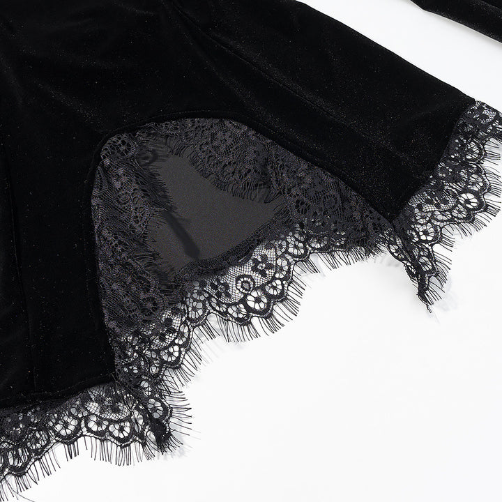 Women's velvet t-shirt with asymmetric lace hem and slit detail Mune Fashion