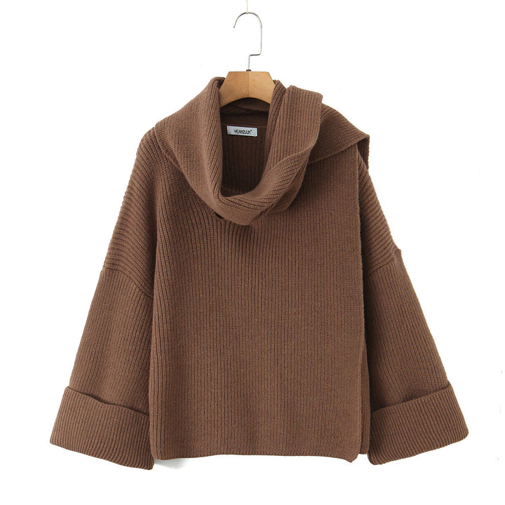 Women's Boxy-Cropped Chunky Knit Pullover with Voluminous Shawl Collar Mune Fashion