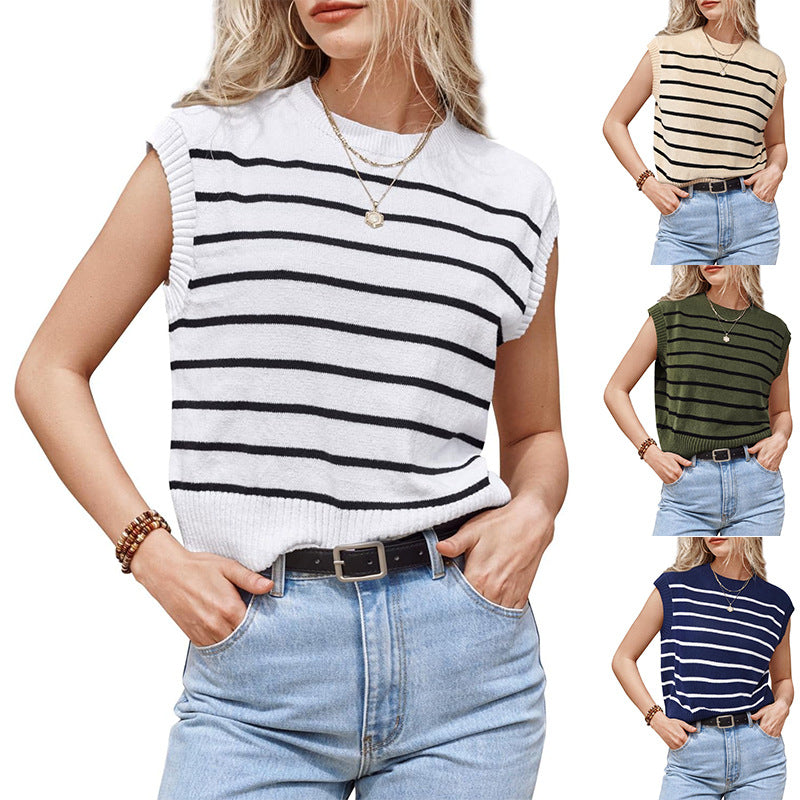 Women's Striped Fine Knit Vest with Round Neckline and Dropped Shoulder Mune Fashion