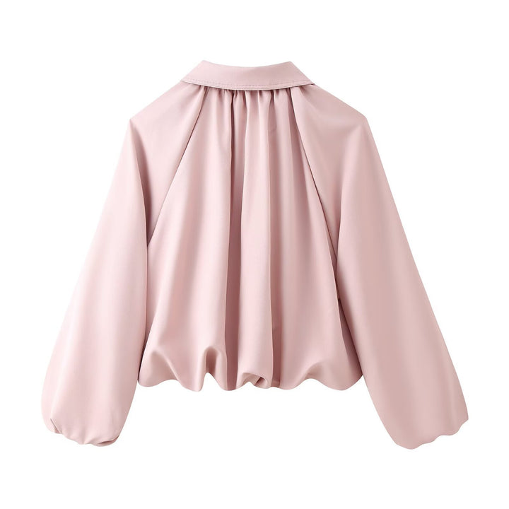 Women's Cropped Bomber Jacket with Shirt Collar, Zipper and Gathered Hem Mune Fashion