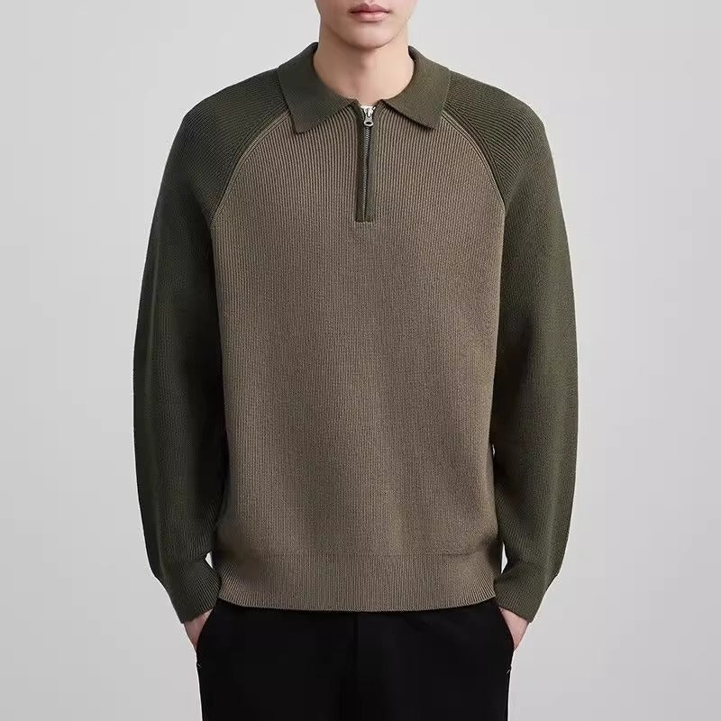 Men's fine knit half zip sweater with polo collar and raglan sleeves Mune Fashion