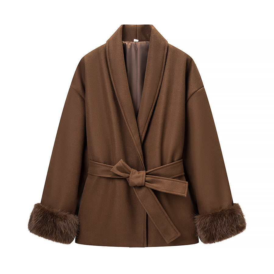 Women’s Wrap Coat with Tie Belt and Fur Trim on the Sleeves Mune Fashion