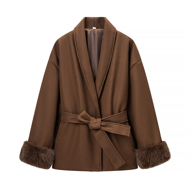 Women’s Wrap Coat with Tie Belt and Fur Trim on the Sleeves Mune Fashion