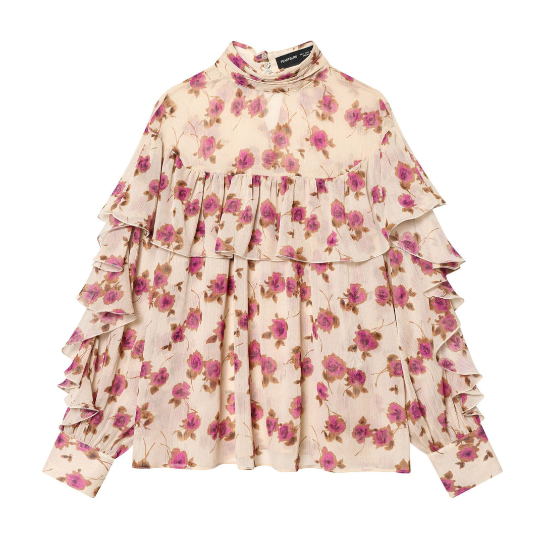 Ladies delicate ruffle blouse with stand-up collar, multi-layer ruffle tiers and floral chiffon Mune Fashion