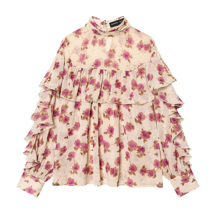 Ladies delicate ruffle blouse with stand-up collar, multi-layer ruffle tiers and floral chiffon Mune Fashion