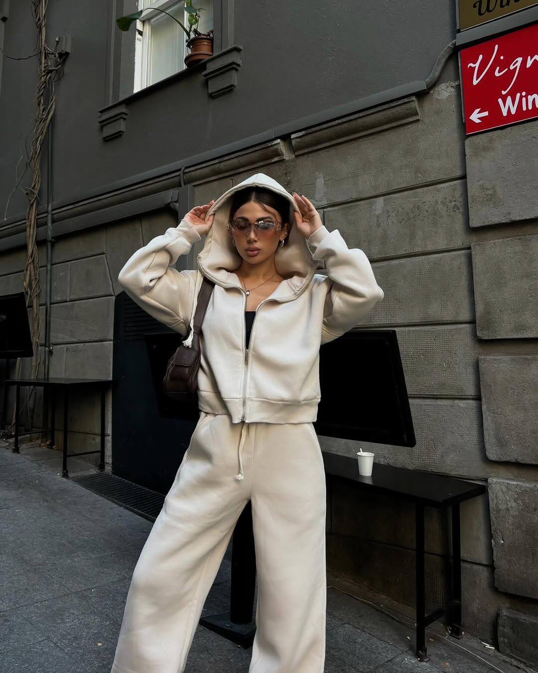 Women's Cotton Blend Cropped Zip Hoodie with Oversized Hood and High-Waist Wide-Leg Sweatpants Mune Fashion