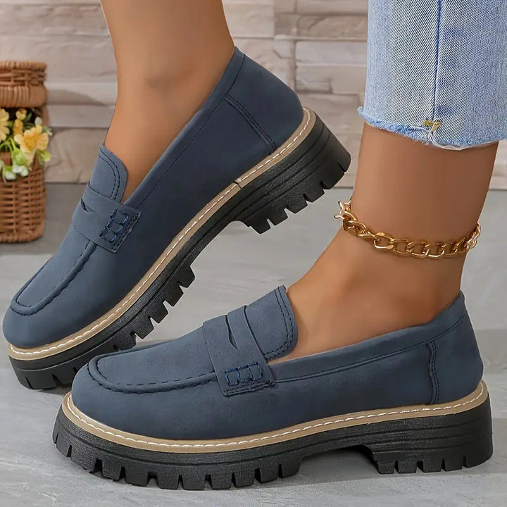 Women's Leather Look Penny Loafers with Distinctive Profile Platform Sole and Contrast Stitch Mune Fashion