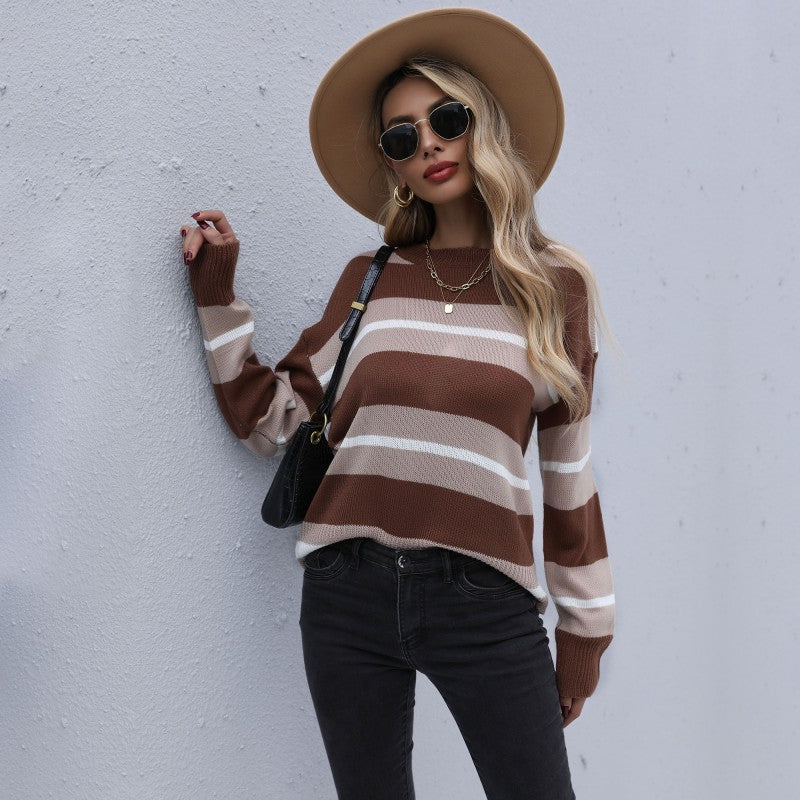 Women's Striped Fine Knit Sweater with Round Neck and Casual Oversized Fit Mune Fashion