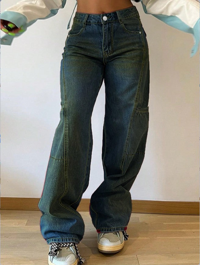 Women's High-Waist Wide Cargo Denim Pants with Seam Panels and Baggy Silhouette Mune Fashion