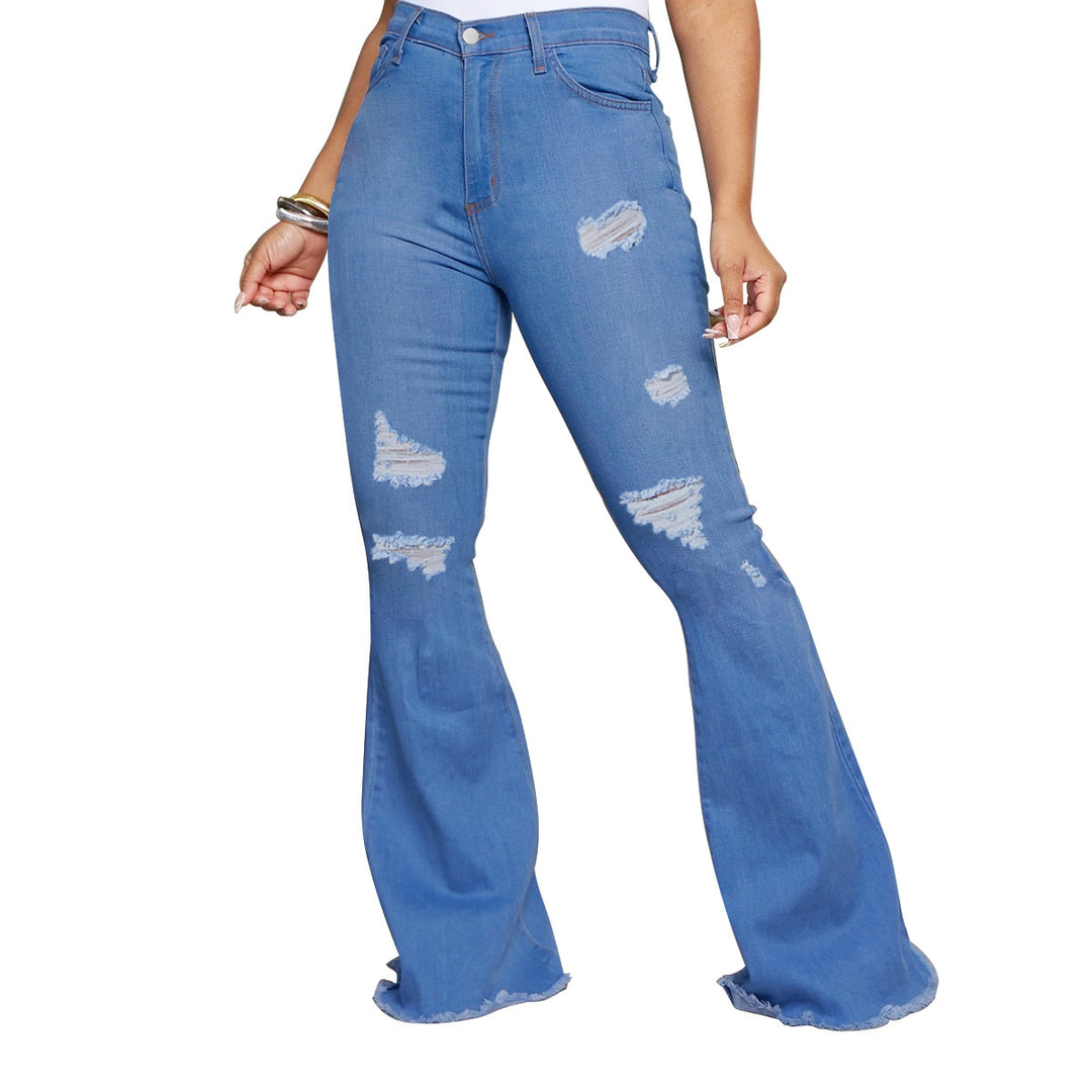 Ladies' waist-fitting flared jeans with ripped inserts and raw hem Mune Fashion