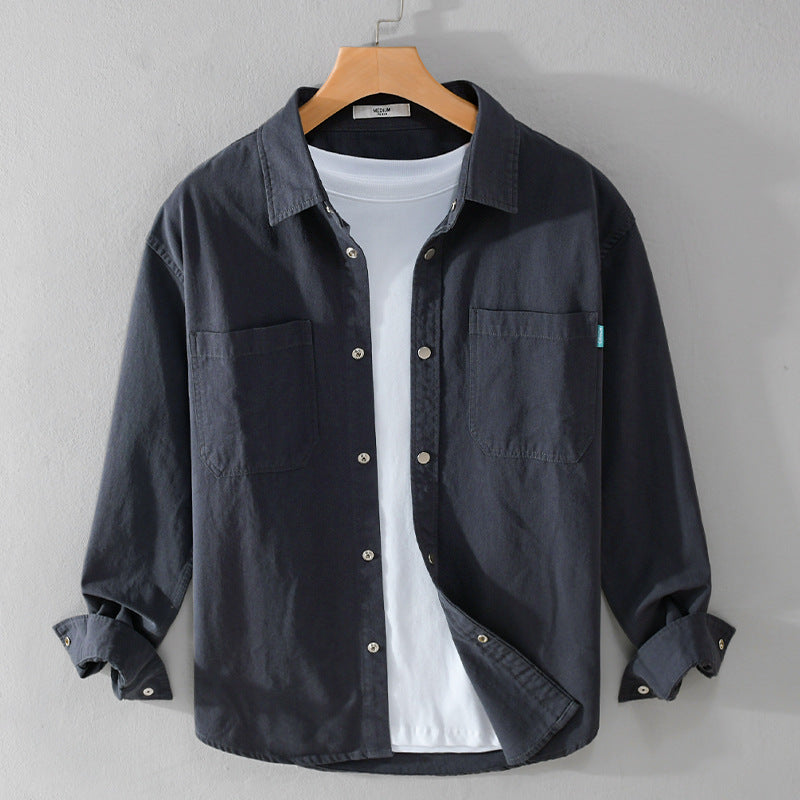 Men's overshirt in shirt jacket style made of light cotton blend with snap button placket and patch chest pockets Mune Fashion