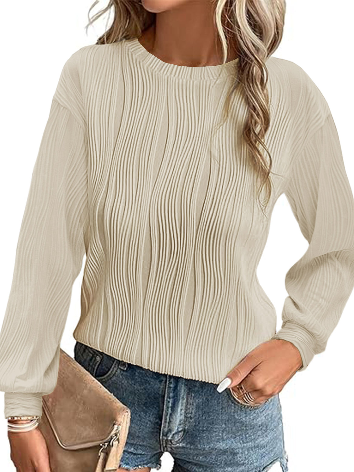 Women Pleated Fine Knit Long Sleeve with Round Neck Mune Fashion