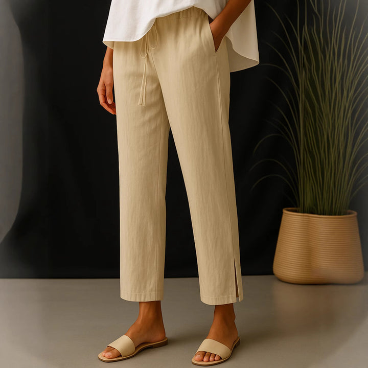 Women's Casual Chino Linen Look Culotte with Elastic Drawstring Waist and Side Pockets Mune Fashion