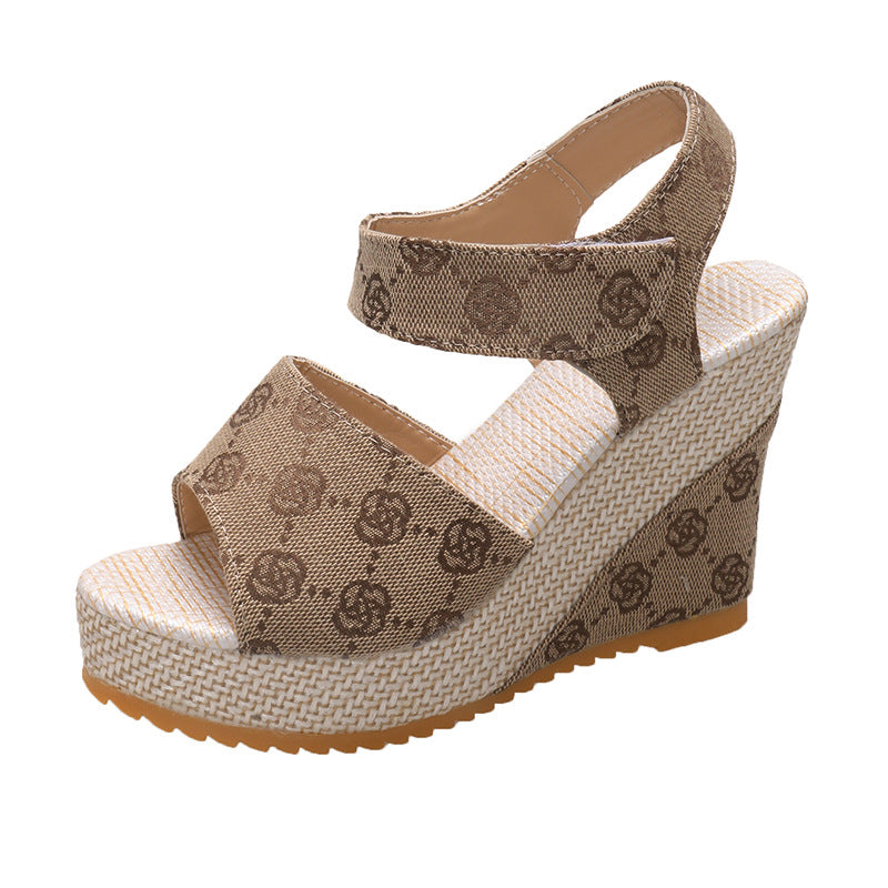 Women’s monogram-woven wedge sandals with plateau and adjustable heel strap Mune Fashion
