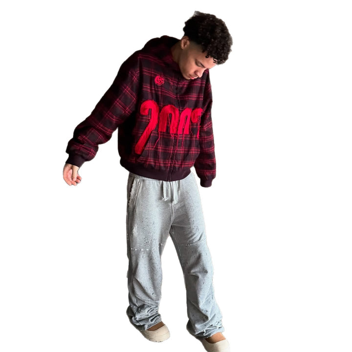 Unisex nan checkered hoodie with frayed year application and ribbed cuffs Mune Fashion
