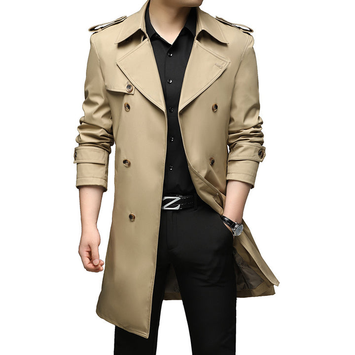 Men's Long Slim-Fit Double-Breasted Trench Coat with Epaulettes and Waist Belt Mune Fashion