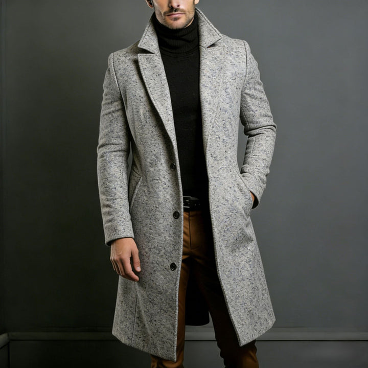 Men's Elegant Single-Breasted Long Coat Made of Wool Blend with Slim Silhouette and Lapel Collar Mune Fashion