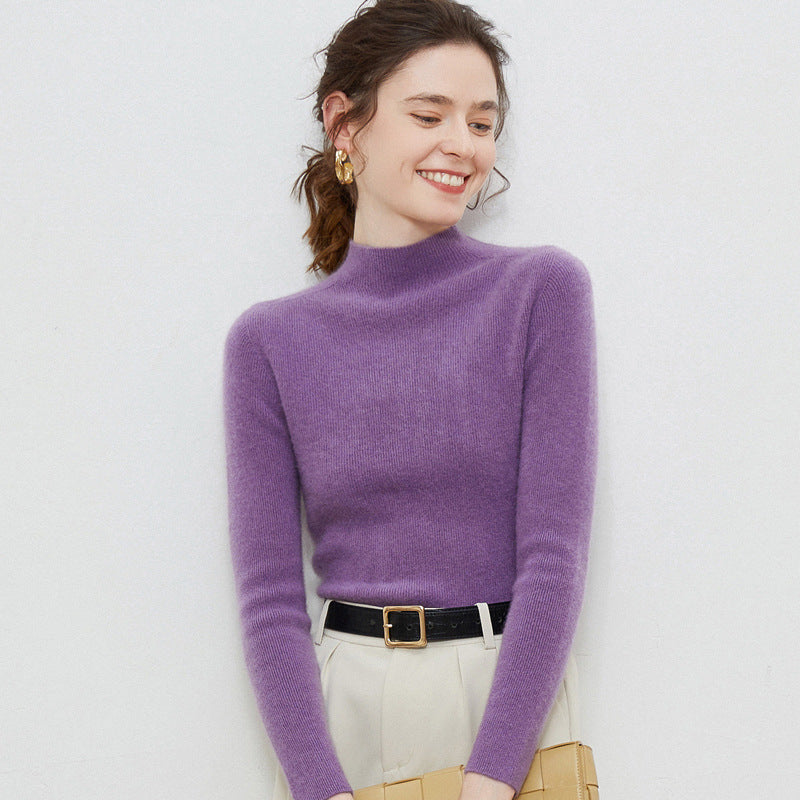 Women Lightweight fitted mock neck pullover in cashmere-like mohair look with fine ribbed texture Mune Fashion