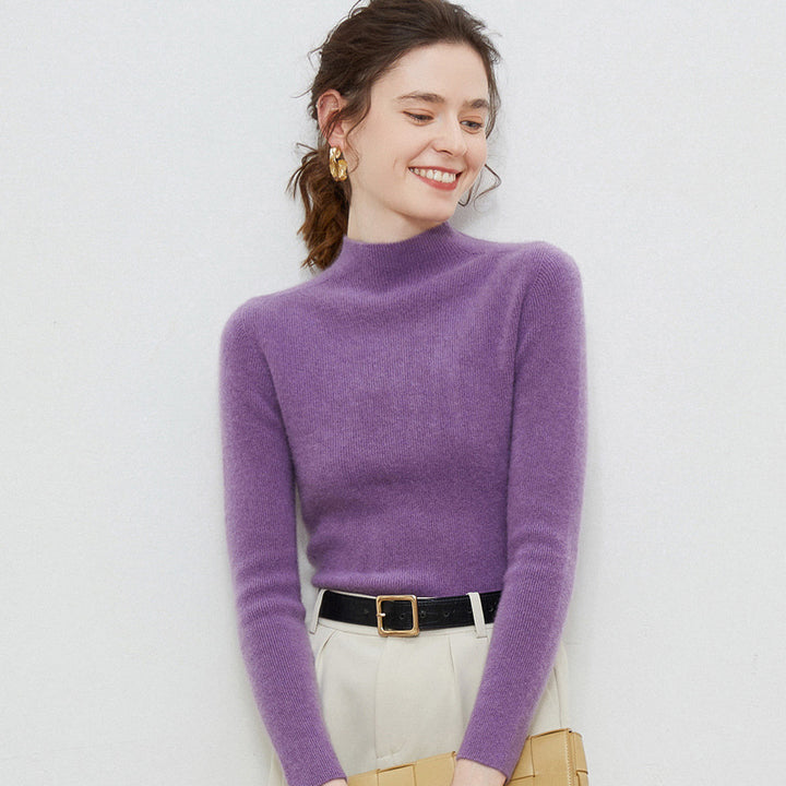 Women Lightweight fitted mock neck pullover in cashmere-like mohair look with fine ribbed texture Mune Fashion