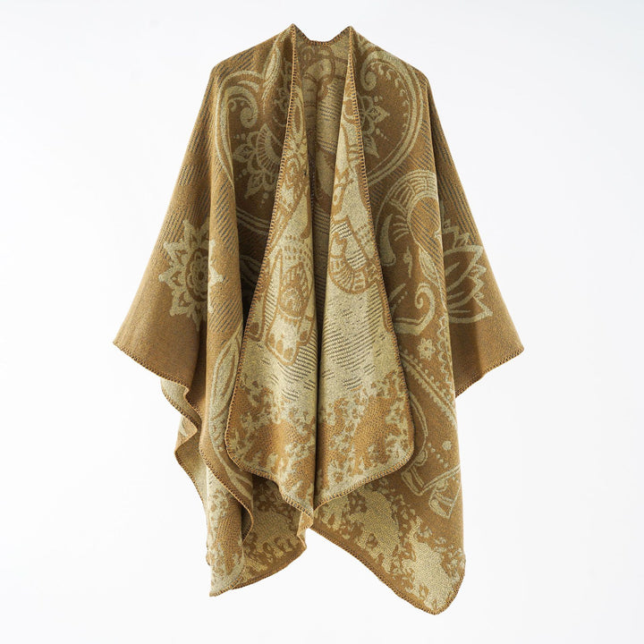 Women's jacquard throw poncho with double-sided woven texture and decorative stitch edge Mune Fashion