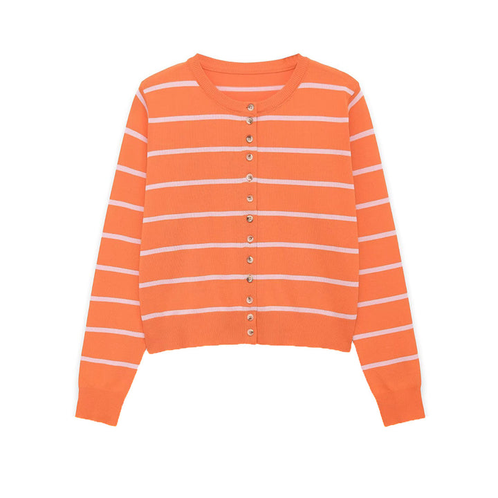 Women's Short-Cut Fine Knit Cardigan with Horizontal Stripes and Mother-of-Pearl Buttons Mune Fashion