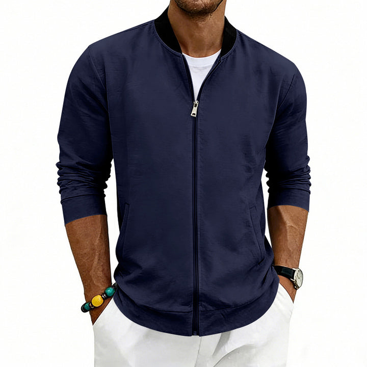 Men's lightweight bomber jacket made of jersey with stand-up collar, elastic cuffs, and concealed pockets Mune Fashion