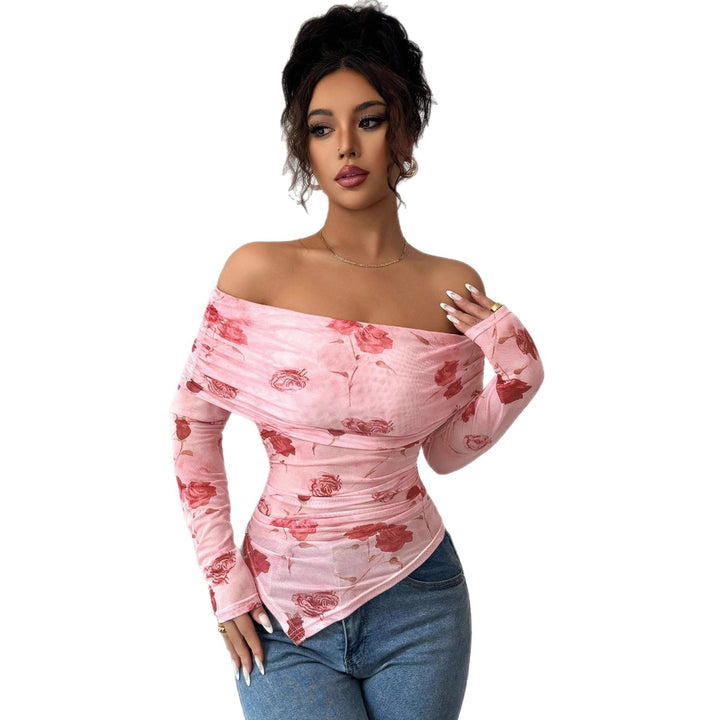 Women off-shoulder gathered long-sleeve top made of fine mesh with floral print and tailored silhouette Mune Fashion