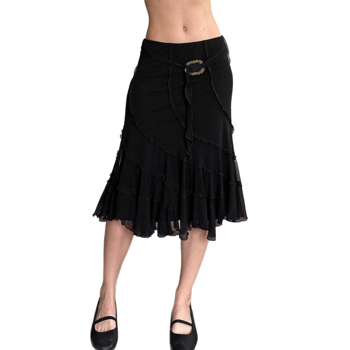 Women's midi skirt made of chiffon with layers, asymmetrical seam lines and decorative belt Mune Fashion