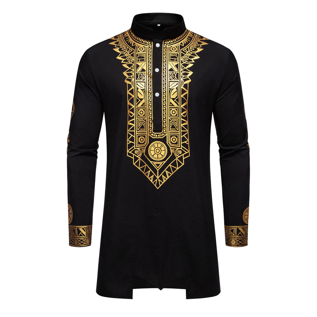 Men's Traditional Long Sleeve Kurta Set with Stand Collar, Gold Ornament Print and Drawstring Pants Mune Fashion