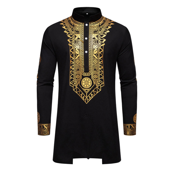 Men's Traditional Long Sleeve Kurta Set with Stand Collar, Gold Ornament Print and Drawstring Pants Mune Fashion