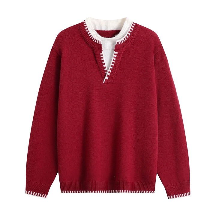 Unisex Oversize Fine Knit Sweater with V Notch & Contrasting Ribbed Collar Mune Fashion