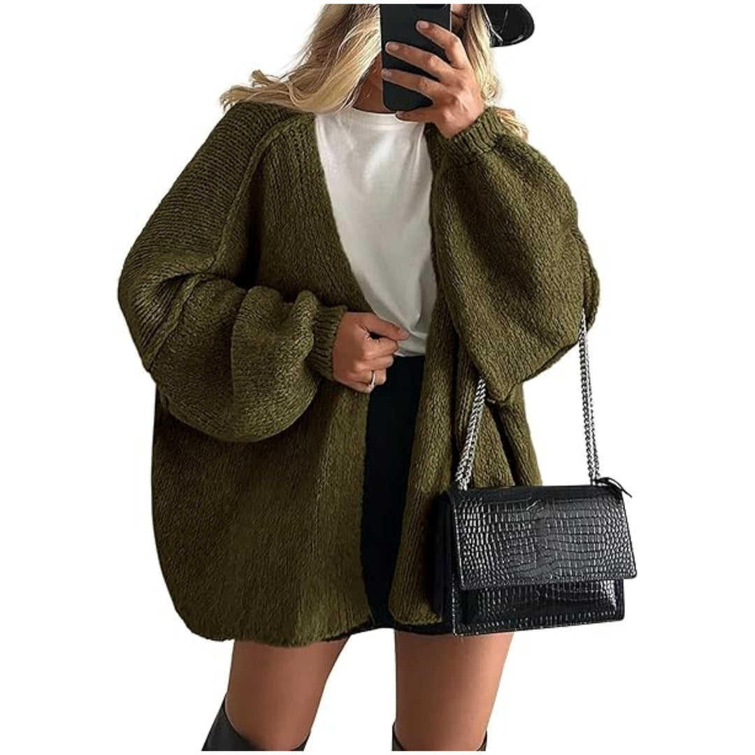 Women's Oversized Knit Cardigan with Balloon Sleeves and Open Front Mune Fashion