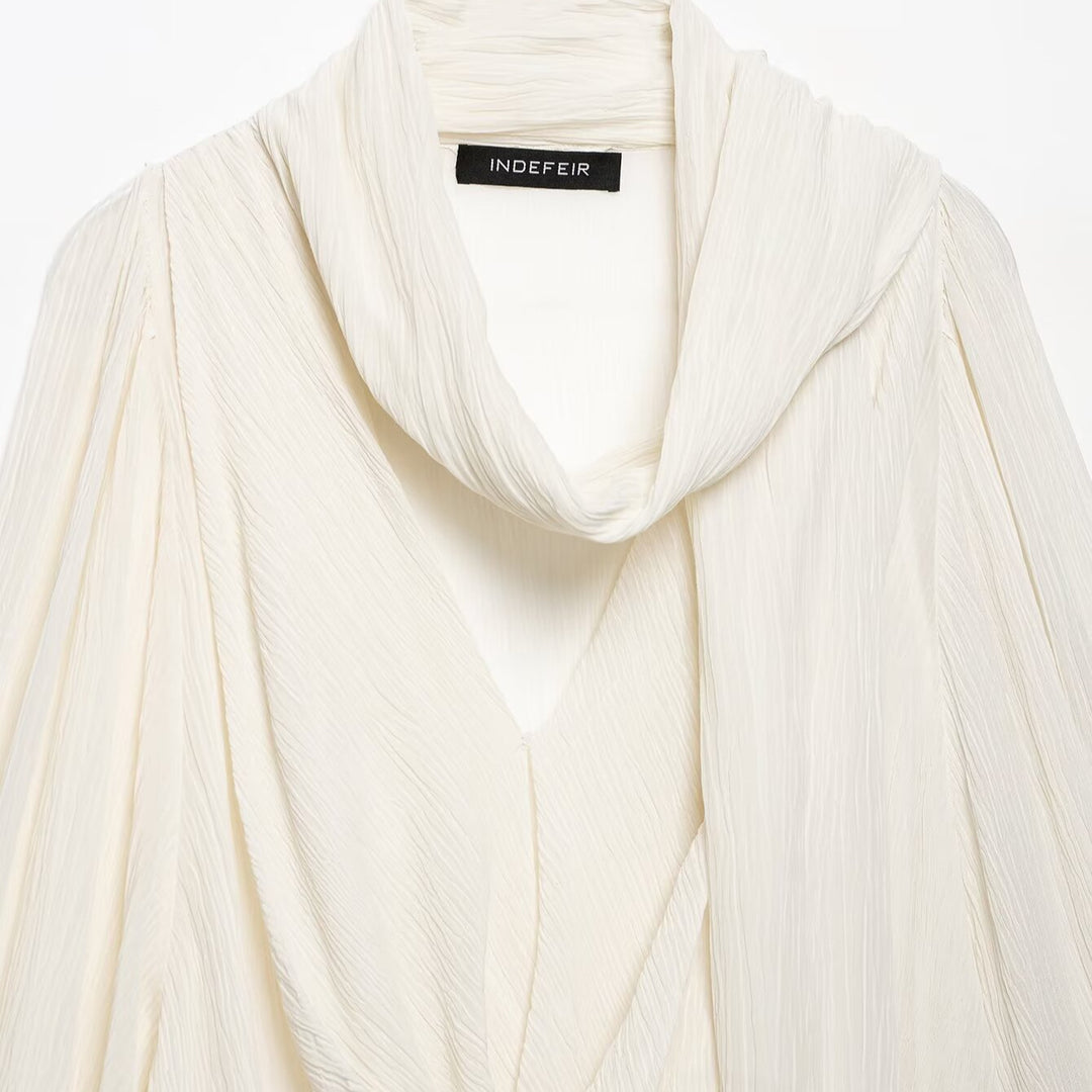 Women Pleated Oversized Blouse with Funnel Neck and Decorative Tied Scarf Mune Fashion