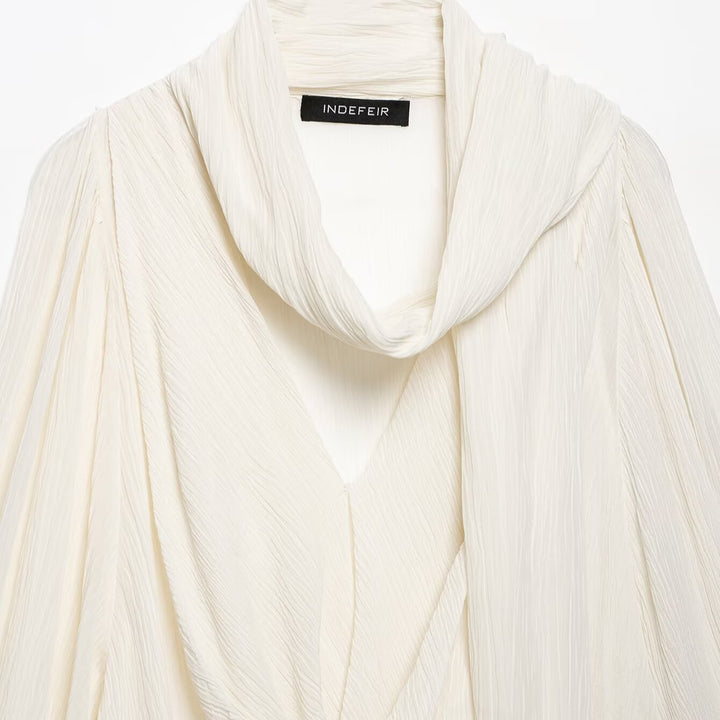 Women Pleated Oversized Blouse with Funnel Neck and Decorative Tied Scarf Mune Fashion