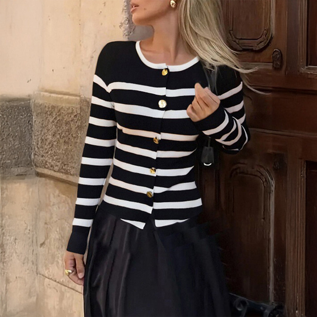 Women's striped fine knit cardigan with round neck, fitted silhouette, and decorative buttons Mune Fashion
